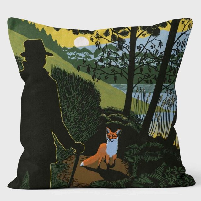 Image of a cushion with a man and a fox against dark green background A Fox Chanced Upon Waters Edge