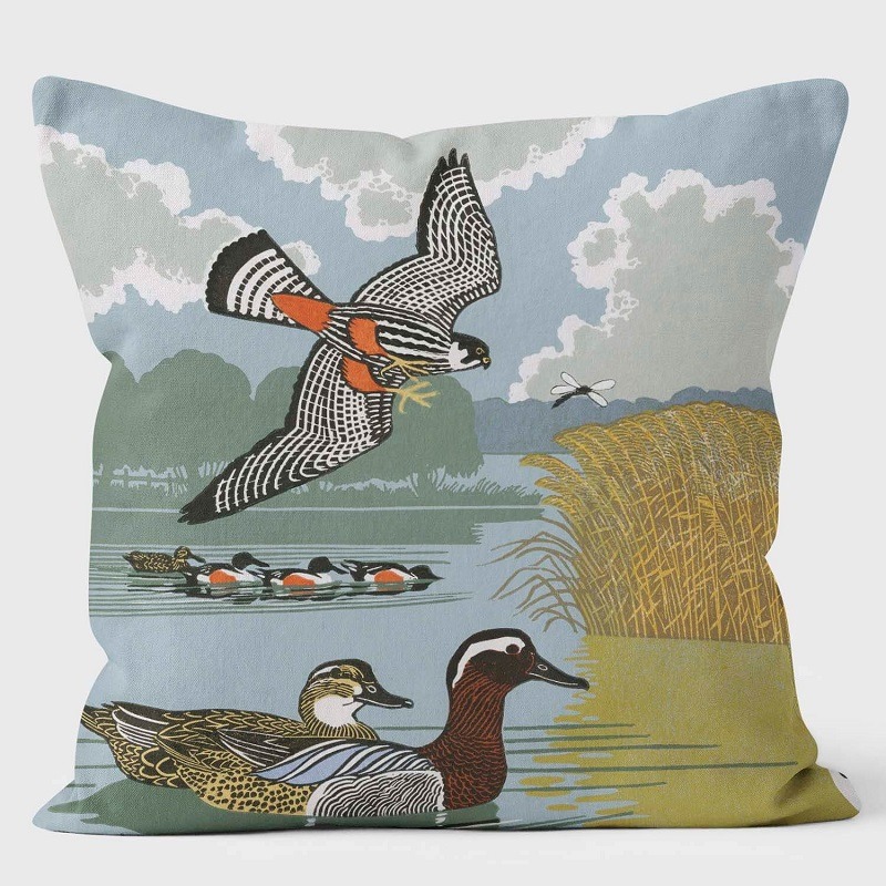 Image of a cushion with ducks in the foreground on water and a falcon in the sky Ducks Lapwings Falcons I