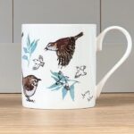 Five Jenny Wren mug shows a wren drawn in five different ways in brown against a white background on a mug