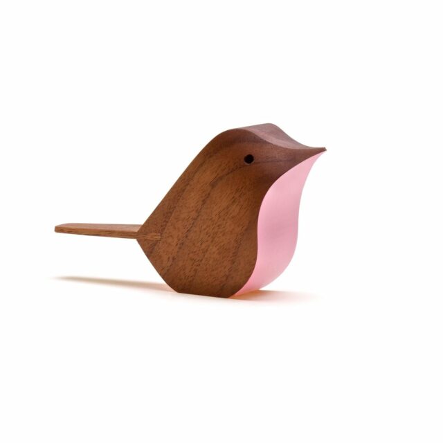 Small brown wooden ornament shaped like a bird with pink front Bird (Walnut Pink) by Jacob Pugh