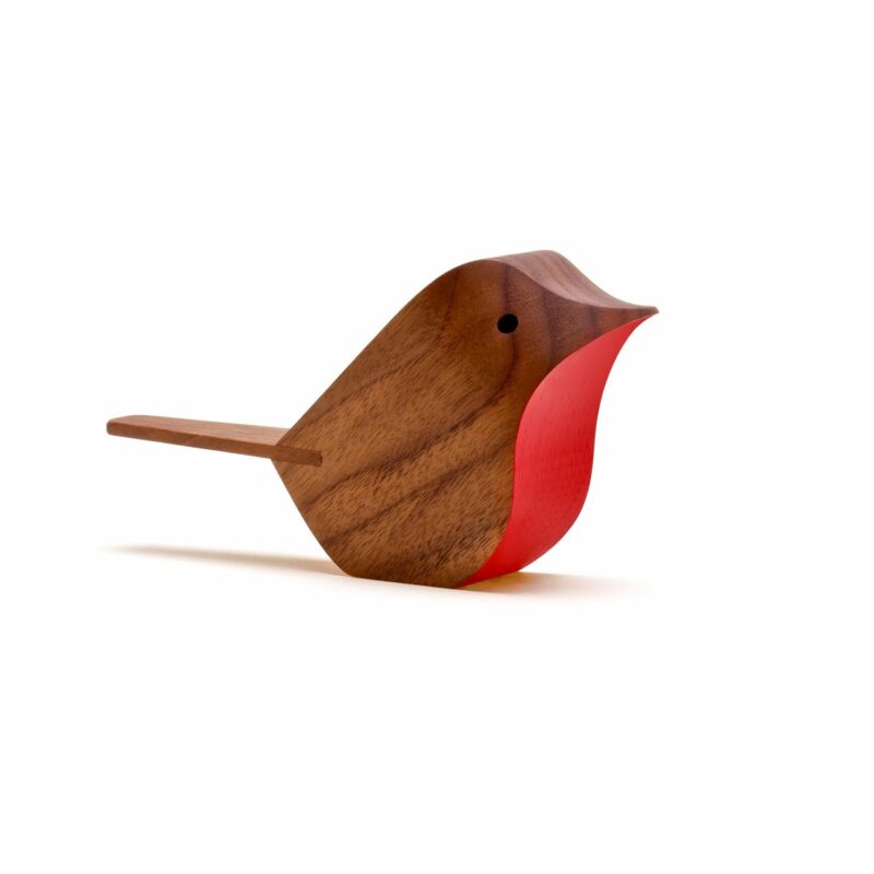 Small brown wooden ornament shaped like a bird with red front Bird (Walnut Red) by Jacob Pugh