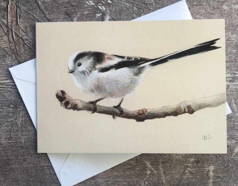 Long tailed tits beige card shows the small black and white bird on a twig against a beige background