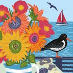 Oystercatcher and sunflowers greetings card shows a large colourful bunch of sunflowers in a jug with a black and white bird and a blue seascape behind
