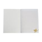 shows a page from two a6 notebooks by kate heiss, the page is ruled and there's a small wren illustration in the bottom corner