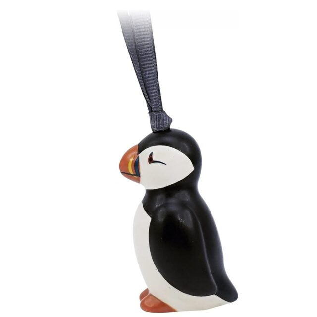 RSPB Puffin hanging decoration shows the small black and white bird with colourful beak suspended by a grey ribbon