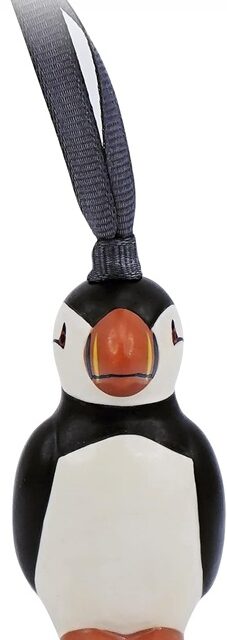 RSPB puffin hanging decoration shows the black and white bird with colourful beak suspended by a ribbon