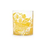 William Morris Glass Tumbler Quince shows a water glass with yellow decoration of a thrush stealing fruit in a garden