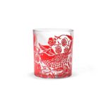 William Morris Glass Tumbler Raspberry shows a water glass with red decoration of a thrush stealing fruit in a garden