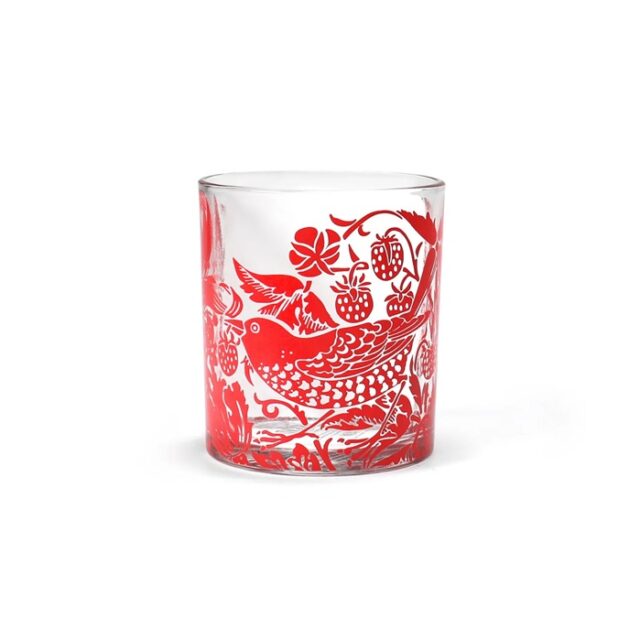 William Morris Glass Tumbler Raspberry shows a water glass with red decoration of a thrush stealing fruit in a garden