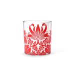 William Morris Glass Tumbler Raspberry shows a water glass with a red design of a stylished flower