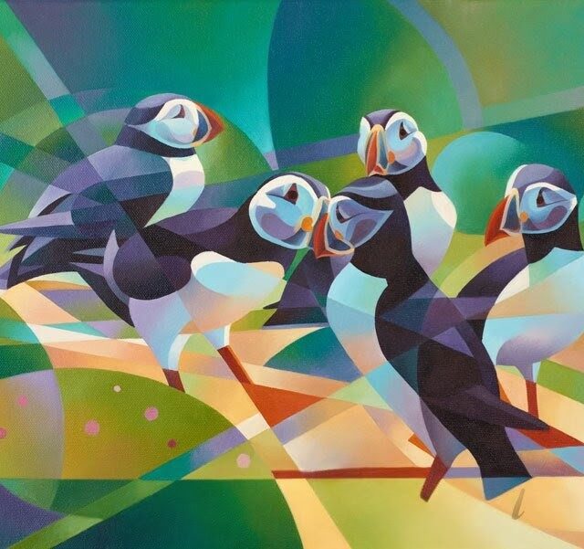 Courting puffins and thrift card shows five pufifins near each other against a geometric green background