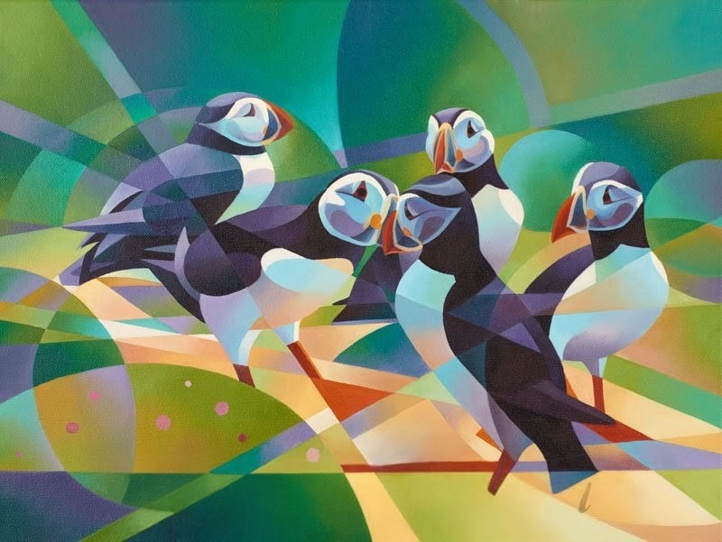 Courting puffins and thrift card shows five pufifins near each other against a geometric green background