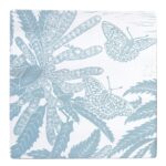 Ceramic Coasters Powder Blue by Kate Heiss shows a square blue and white ceramic coaster with illustrations of butterflies