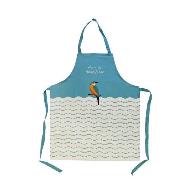 RSPB kingfisher apron shows a blue and white kitchen apron with bib and a kingfisher depicted against the blue