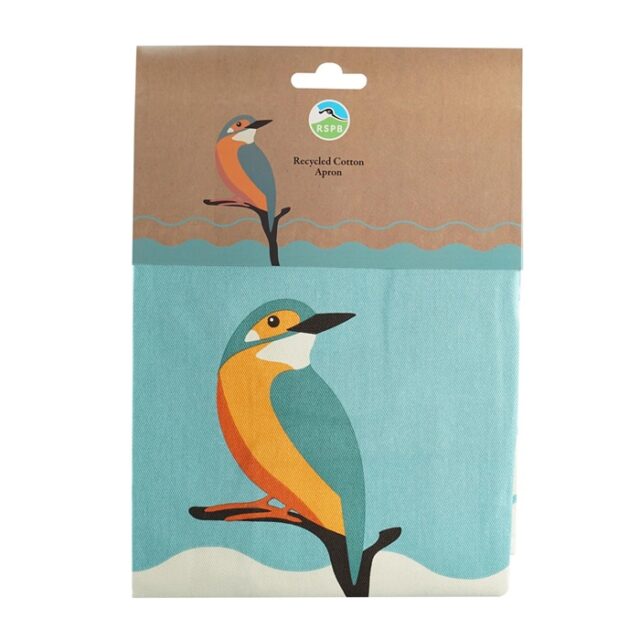 Detail of RSPB Kingfisher apron showing the bird sitting on a small branch