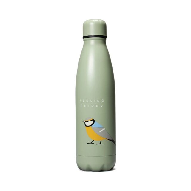 RSPB Free as a bird water bottle shows a breen water bottle with an illustration of a blue tit and the words FEELING CHIRPY on it