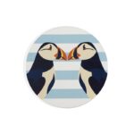 Shows a ceramic coaster with two puffins beak to beak against a blue and white striped background which make up the set of RSPB Ceramic Puffin Coasters