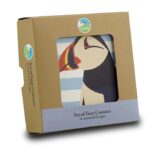 Shows RSPB Ceramic Puffin coasters in a small brown box with the top coaster visible through the top of the box