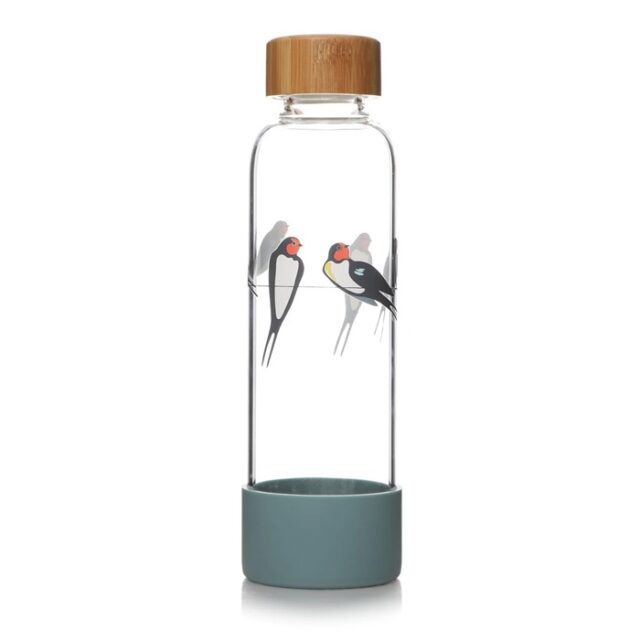 rspb swallows glass water bottle shows a glass bottle with a grey base and a wooden cap, the glass illustrated with images of swallows