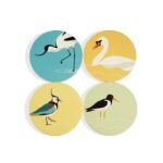 RSPB Ceramic Water Birds Coasters shows the individual coasters with different coloured backgrounds and each one illustrated with a different water bird