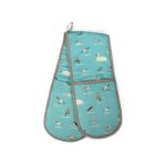 RSPB water birds double oven glove shows a fabric double oven glove in turquoise fabric with grey edging and small wading birds depicted