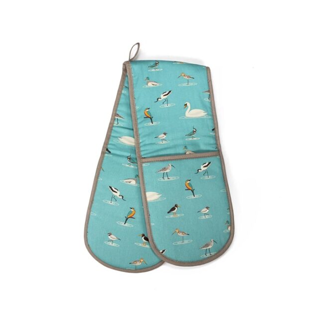 RSPB water birds double oven glove shows a fabric double oven glove in turquoise fabric with grey edging and small wading birds depicted