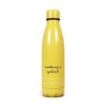 Back of a yellow water bottle with the words Making a Splash