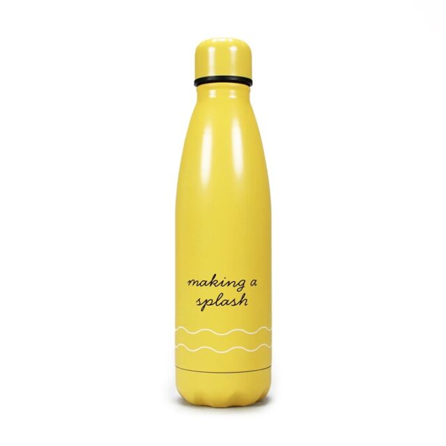 Back of a yellow water bottle with the words Making a Splash