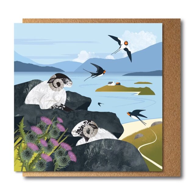 Swallows and sleeping sheep shows a card with two sheep asleep amongst rocks on the seashore and swallows overhead