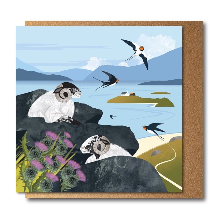 CS026 Sleeping sheep and swallows 700 Swallows and sleeping sheep shows a card with two sheep asleep amongst rocks on the seashore and swallows overhead
