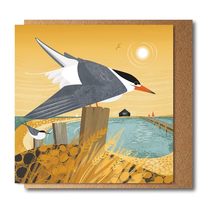 Tern Greetings Card by Rachel Hudson shows the bird perched on a post by the sea in a slightly geometric style emphasising the angle of wing tail and beak