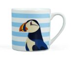 RSPB Puffin Mug Blue shows a blue and white striped mug with a colourful puffin