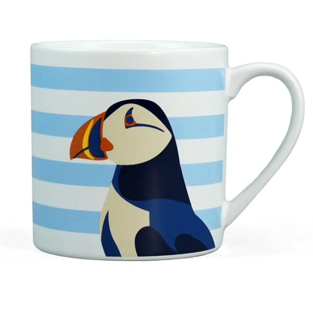 RSPB Puffin Mug Blue shows a blue and white striped mug with a colourful puffin