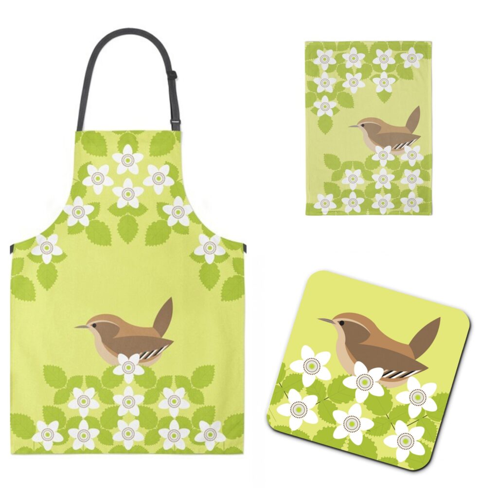 Wren Gift Set includes apron, tea towel and coasters with iconic i like birds Wren design