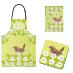 Wren Gift Set includes apron, tea towel and coasters with iconic i like birds Wren design