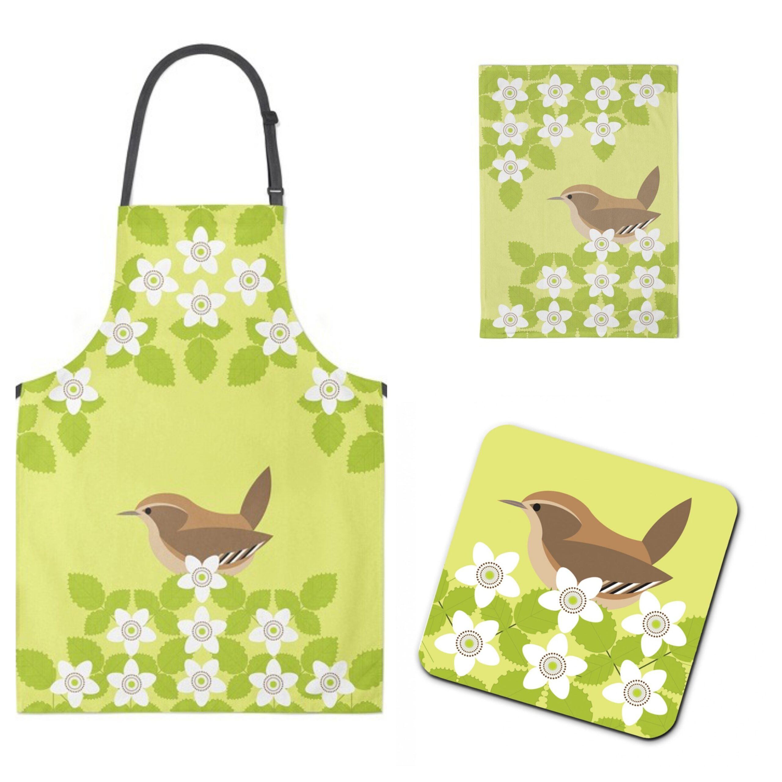 20260409_071552-COLLAGE Wren Gift Set includes apron, tea towel and coasters with iconic i like birds Wren design