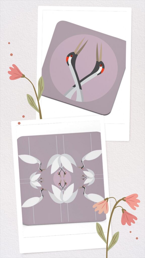Cranes Gift Set shows coaster with two cranes heads and placemat with four cranes