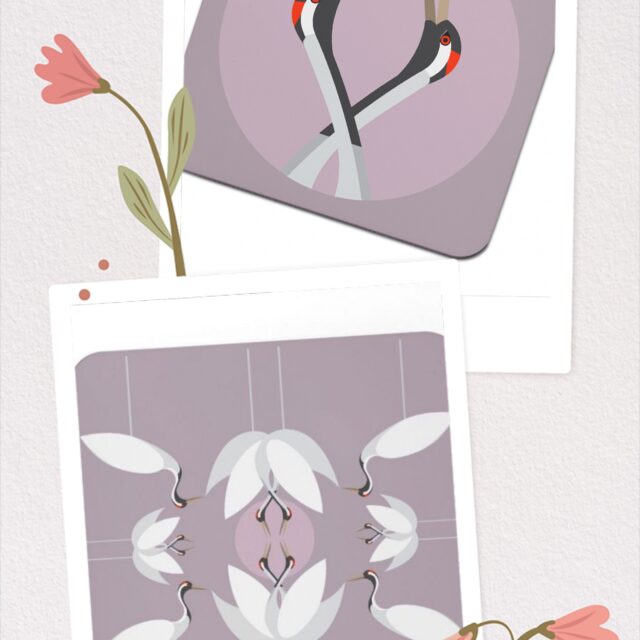 Cranes Gift Set shows coaster with two cranes heads and placemat with four cranes