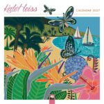 Kate Heiss Calendar 2027 image shows the front of a calendar wtih a colourful scene of butterflies against a coastal backdrop with birds of paradise flowers and sailing boats