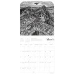 Image shows a black and white wood engraving of a peregrine falcon sitting on rocks with a second bird hovering above part of the Andy English Calendar 2027