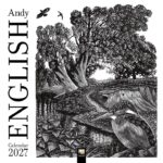 Image shows a black and white wood engraving of a kingfisher sitting on a stoop with trees behind and to the left the words Andy English Calendar 2027