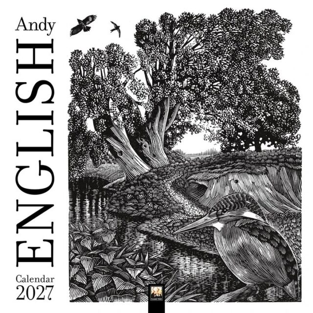 Image shows a black and white wood engraving of a kingfisher sitting on a stoop with trees behind and to the left the words Andy English Calendar 2027