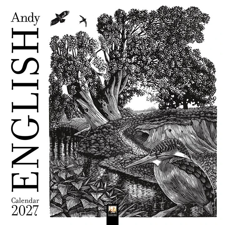 Image shows a black and white wood engraving of a kingfisher sitting on a stoop with trees behind and to the left the words Andy English Calendar 2027
