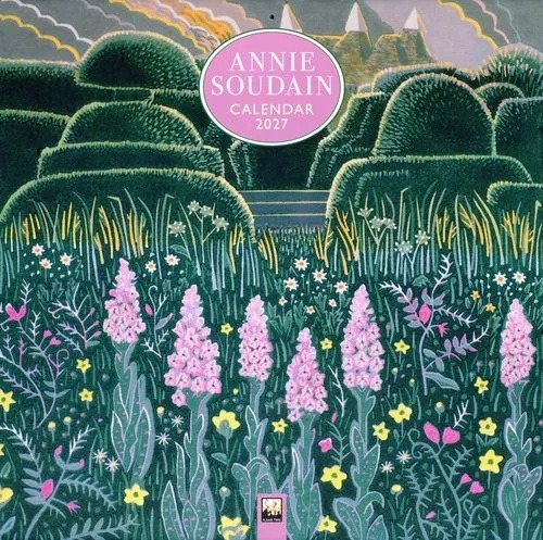 A square image of pink flowers in a meadow with topiary trees behind and the words Annie Soudain Calendar 2027 above