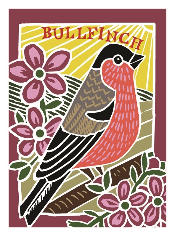 Bullfinch card by Kate Heiss shows a black brown and red bird sitting on a branch amongst pink flowers with the word bullfinch written above