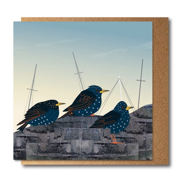 Starlings on Harbour Wall Greetings Card by Rachel Hudson shows three black birds facing right sitting on a stone wall with ships' masts behind