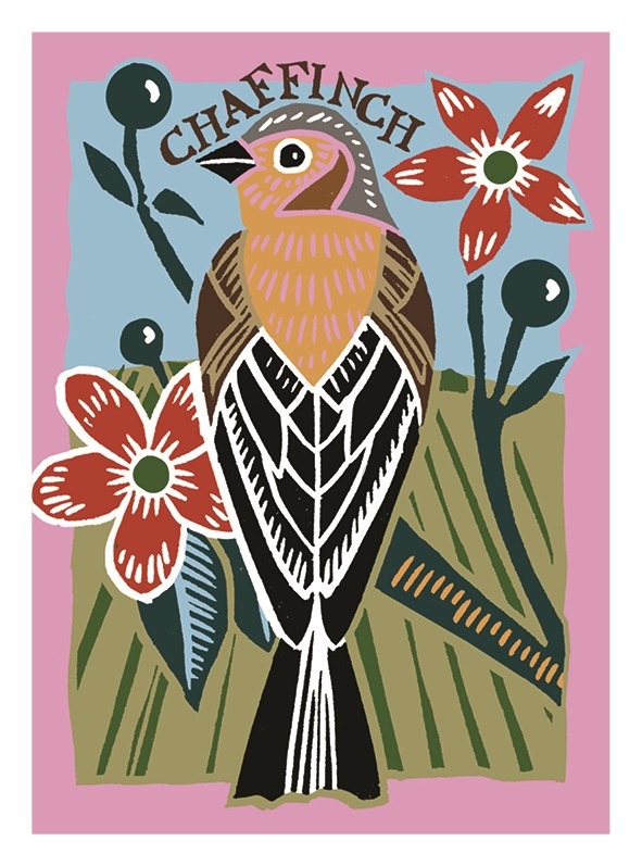 Chaffinch card by Kate Heiss shows a black and brown bird sitting on a stem with red flowers with the word chaffinch written above