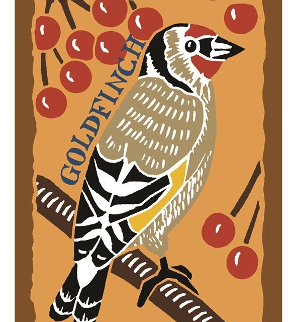 Goldfinch card by Kate Heiss shows a black white and brown bird sitting amongst red berries with the word goldfinch written above