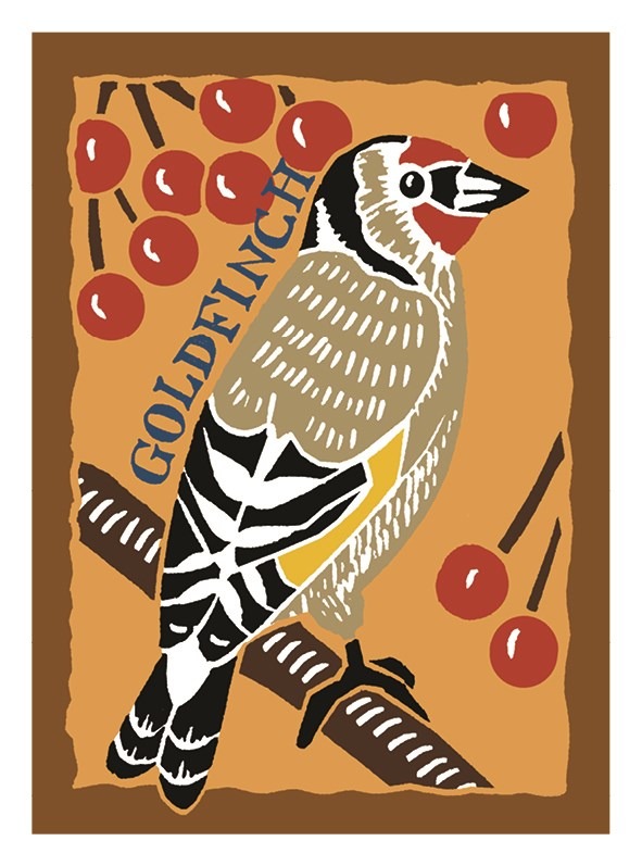 Goldfinch card by Kate Heiss shows a black white and brown bird sitting amongst red berries with the word goldfinch written above