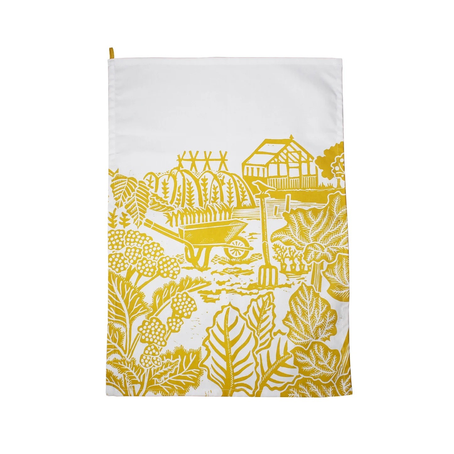 Kate Heiss tea towel mustard Kate Heiss vegetable garden tea Towel Mustard shows a white tea towel illustrated in yellow with a picture of a garden or allotment